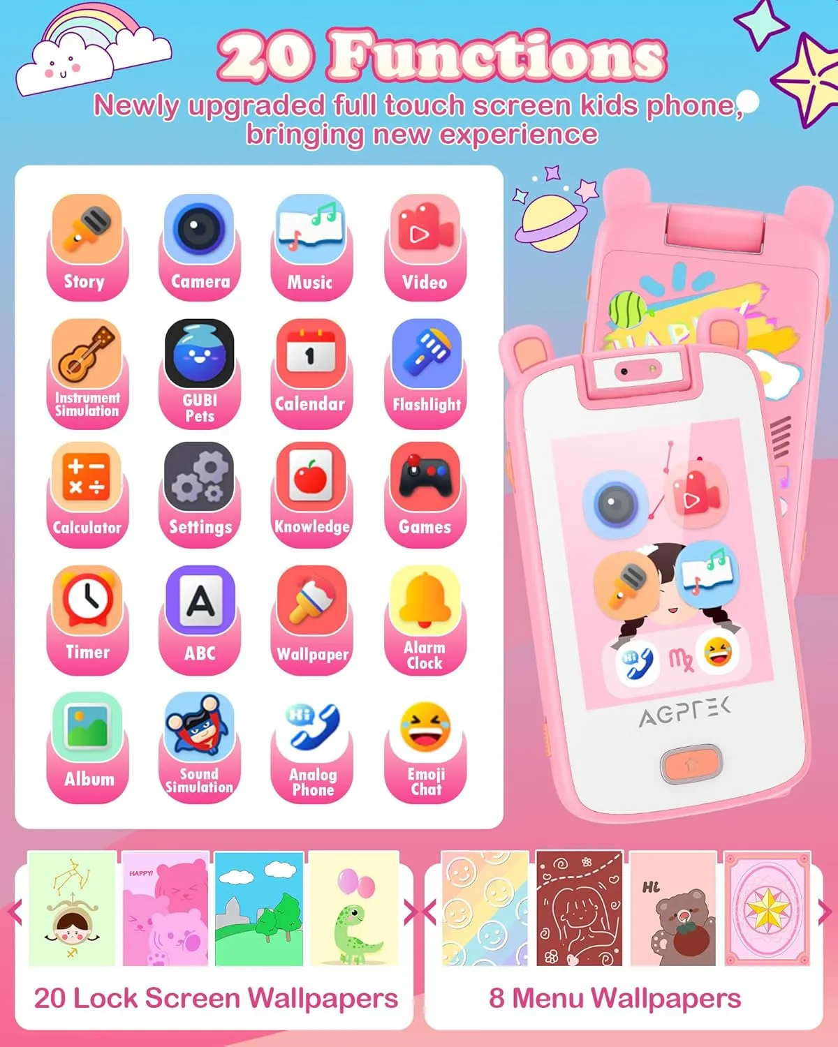 AGPTEK Kids Phone, Touchscreen Toys Phone with 32 GB TF Card,Toddler Cell Phone with Dual Camera, Preschool Learning Device for 3-7 Year Old Kids, Christmas Birthday Gifts for Boys & Girls-Pink