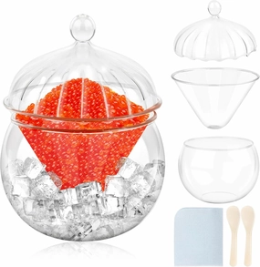 AHIER Glass Caviar Serving Set with Lid and 2 Pcs Mother of Pearl Spoon, Caviar Chiller Serving Dish with Ice Holder for Shrimp Ice Cream Sauce, Martini, Cocktail