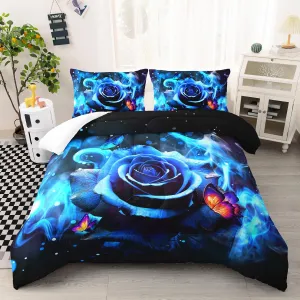 AILONEN 3D Oil Blue Rose Comforter Set Queen Size, Colorful Butterfly Bedding Set for Girls,Boho Style Flowers Bed in a Bag,Stars and Blue Fog Duvet Set,1 Quilt 2 Pillowcases,3 Pcs
