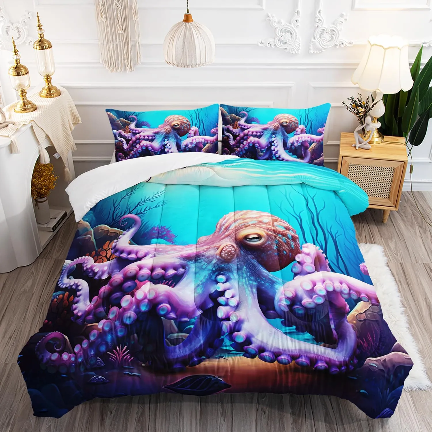 AILONEN Octopus Print Comforter Set Twin Size, Blue Ocean Theme Bedding Set for Boy Girls,3 Pieces Sea Animal Bed in a Bag,1 Quilt with 2 Pillowcases