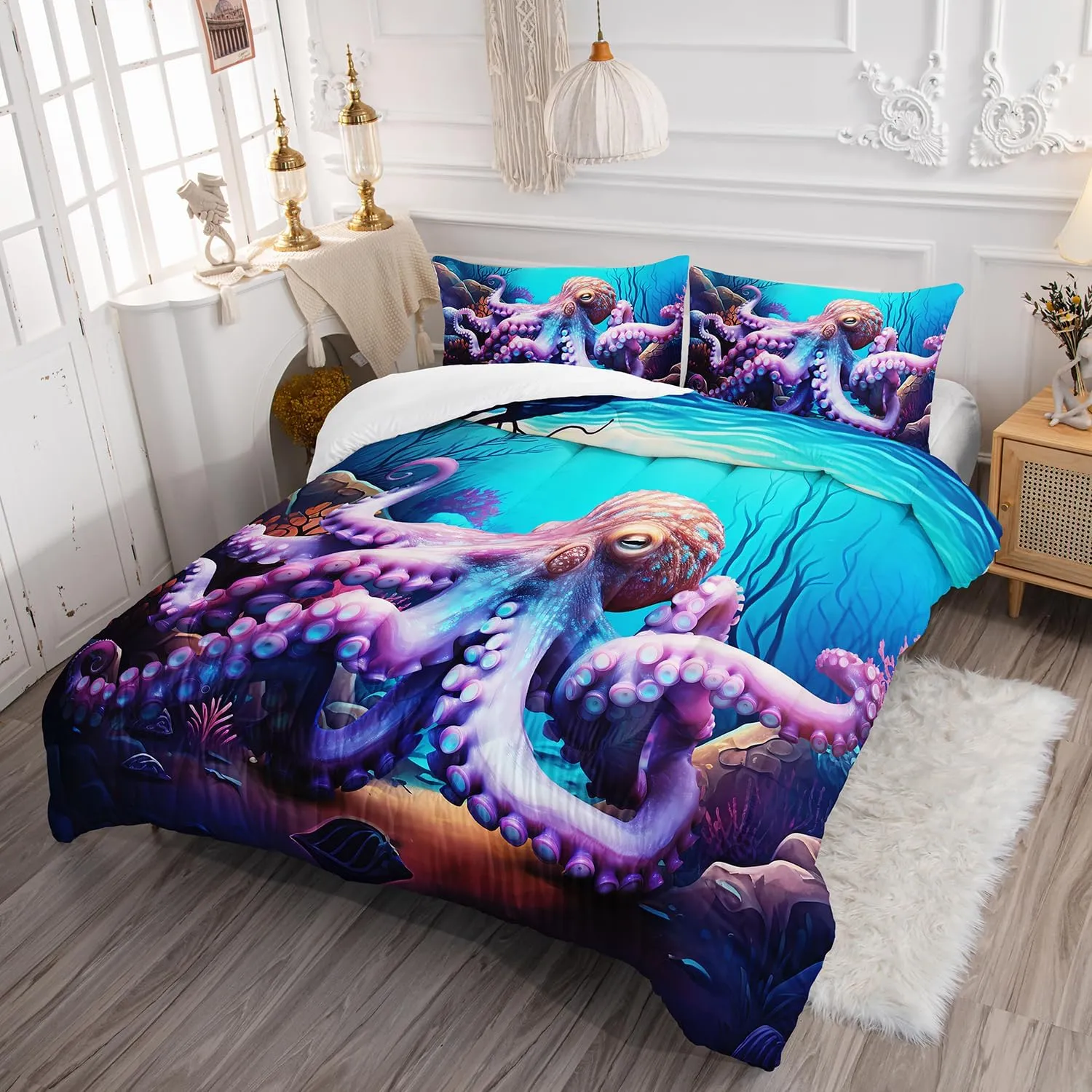 AILONEN Octopus Print Comforter Set Twin Size, Blue Ocean Theme Bedding Set for Boy Girls,3 Pieces Sea Animal Bed in a Bag,1 Quilt with 2 Pillowcases