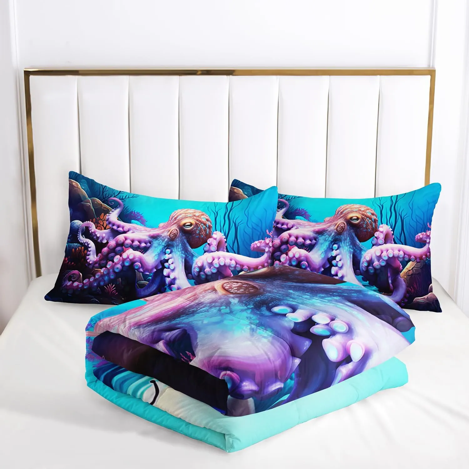 AILONEN Octopus Print Comforter Set Twin Size, Blue Ocean Theme Bedding Set for Boy Girls,3 Pieces Sea Animal Bed in a Bag,1 Quilt with 2 Pillowcases