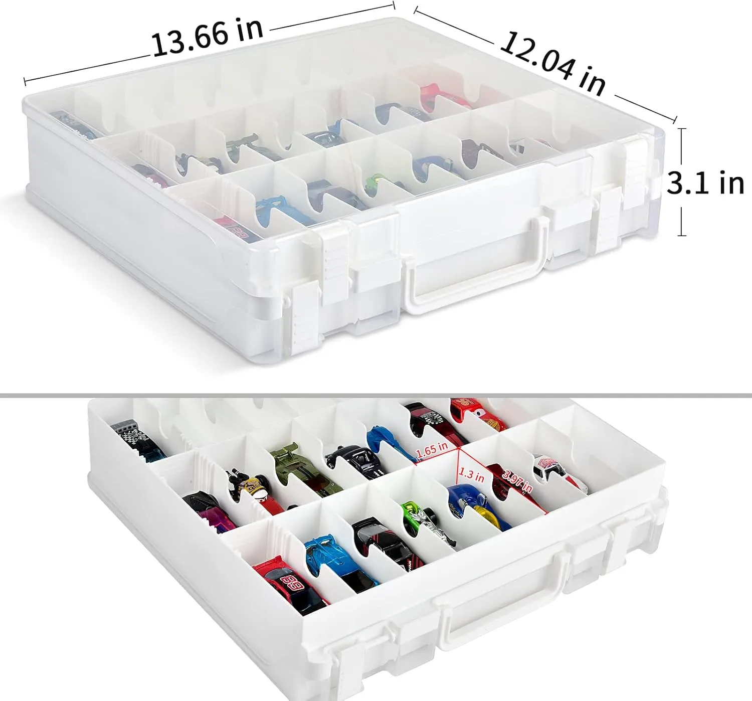 ALCYON Double Sided Toy Storage Organizer Case for Hot Wheels Car, for Matchbox Cars, for Mini Toys, for Small Dolls. Carrying Box Container Carrier with 48 Compartments - Upgrade (Box Only)