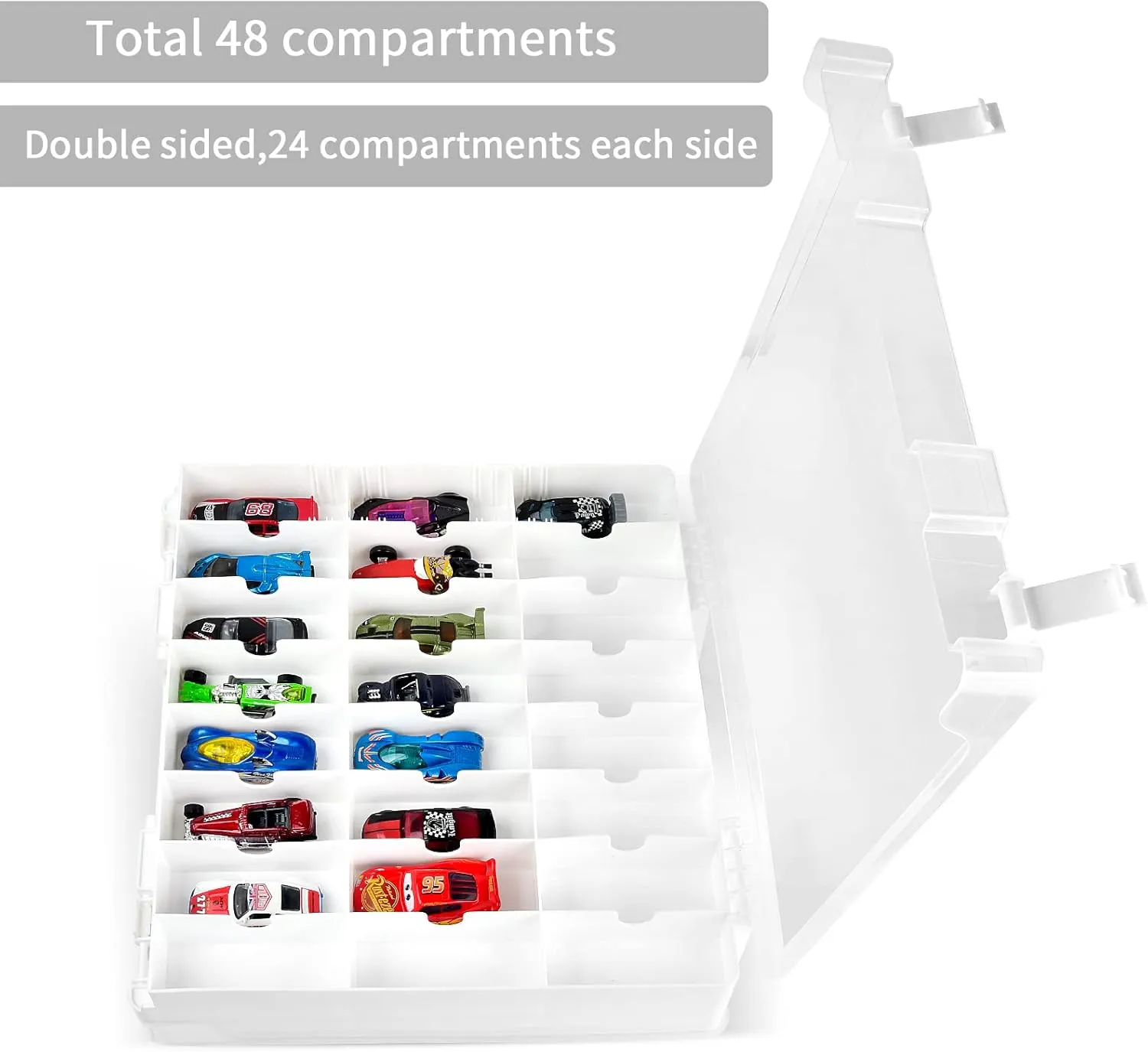 ALCYON Double Sided Toy Storage Organizer Case for Hot Wheels Car, for Matchbox Cars, for Mini Toys, for Small Dolls. Carrying Box Container Carrier with 48 Compartments - Upgrade (Box Only)