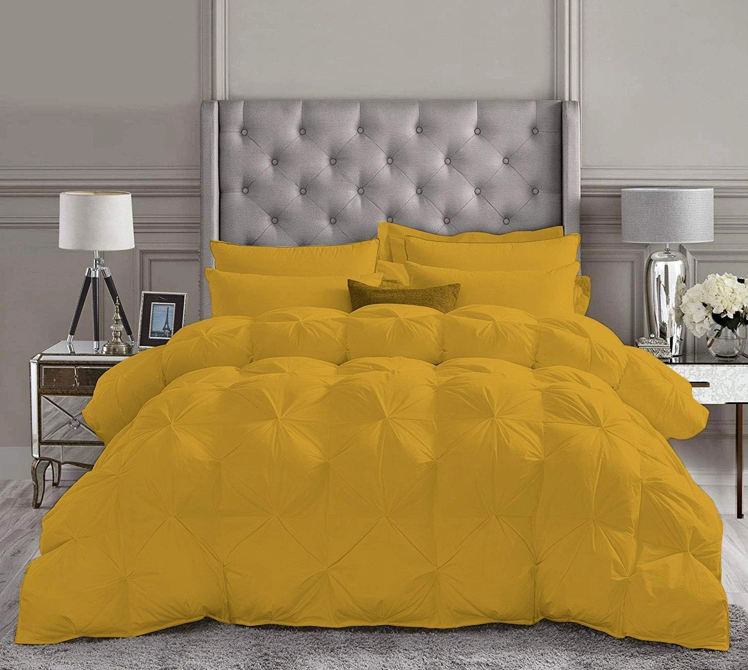 All-Season Luxury - Pintuck Style 100% Egyptian Cotton - Alaska King Size (120" x 132") Inches, 5-Piece Pinch Pleat Comforter Set, with 4 Corner Tabs, 500 GSM - Machine Washable (Gold Solid)