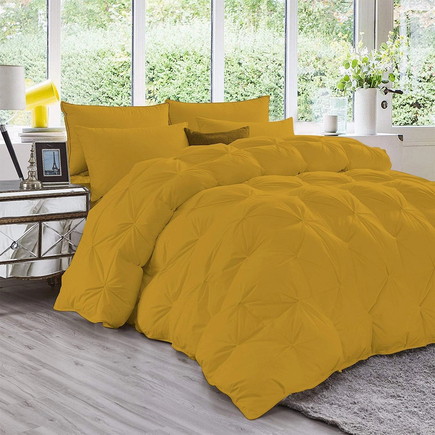 All-Season Luxury - Pintuck Style 100% Egyptian Cotton - Alaska King Size (120" x 132") Inches, 5-Piece Pinch Pleat Comforter Set, with 4 Corner Tabs, 500 GSM - Machine Washable (Gold Solid)