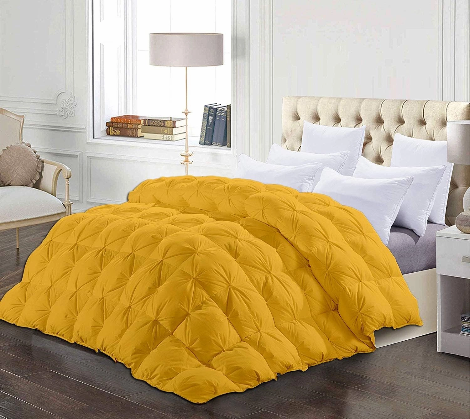 All-Season Luxury - Pintuck Style 100% Egyptian Cotton - Alaska King Size (120" x 132") Inches, 5-Piece Pinch Pleat Comforter Set, with 4 Corner Tabs, 500 GSM - Machine Washable (Gold Solid)