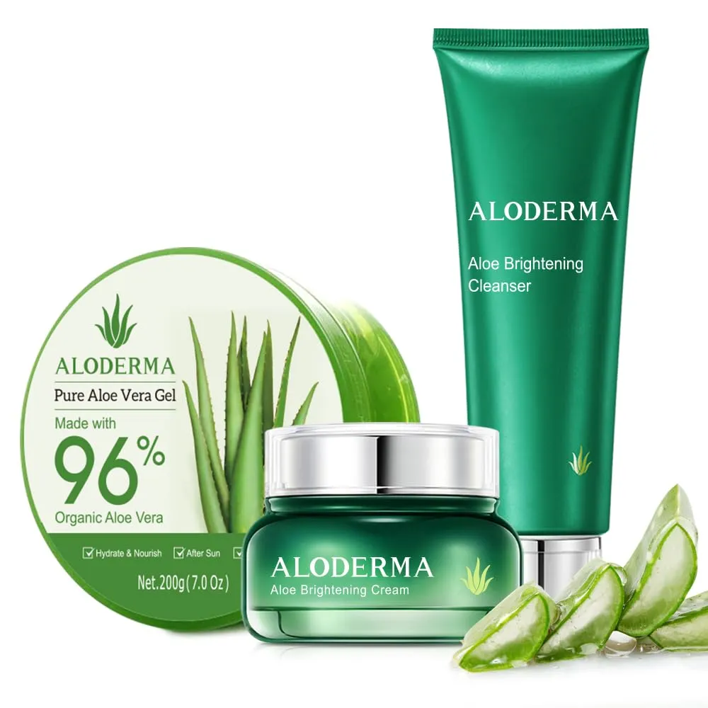 Aloderma Basic Aloe Brightening Skin Care Set - 4 Pieces - Cleanser, Cream, 200g Aloe Vera Gel x 2pcs