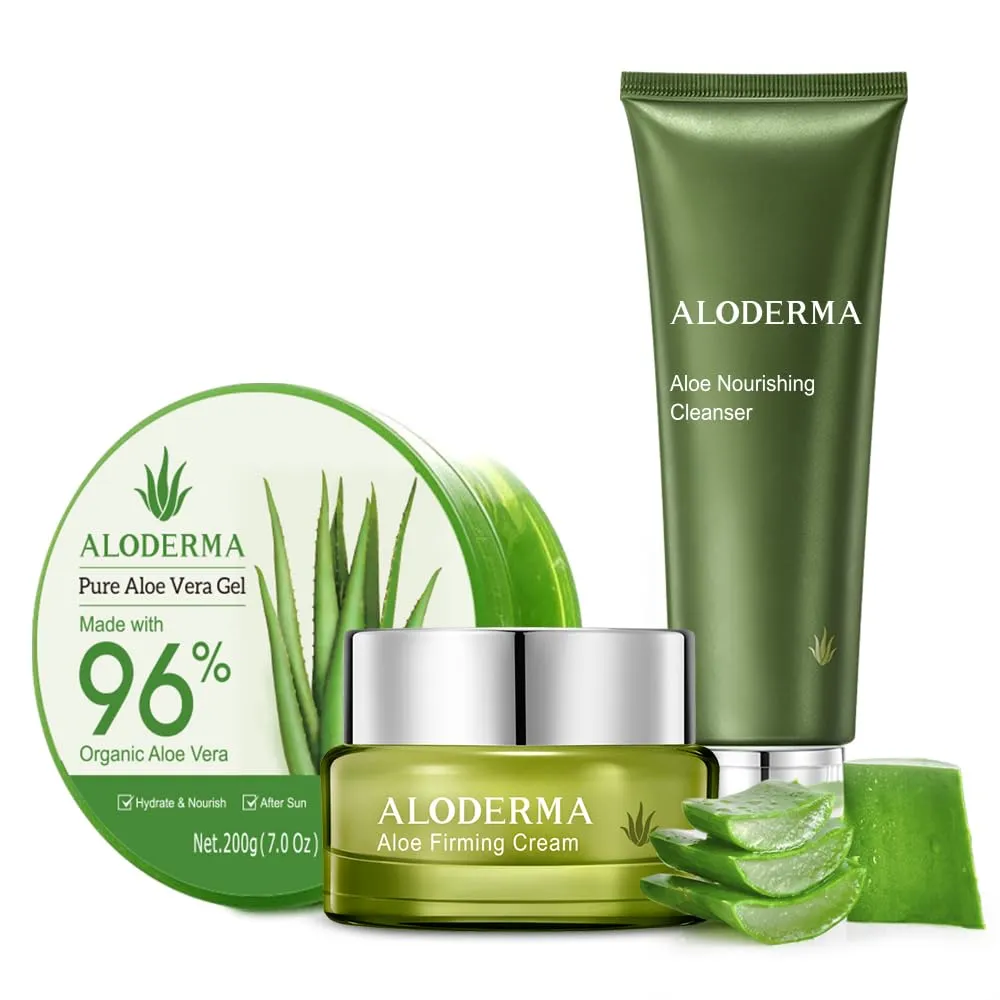 Aloderma Basic Aloe Firming & Nourishing Set - 4 Pieces - 200g Aloe Vera Gel x 2pcs, Firming Cleanser, Firming Cream