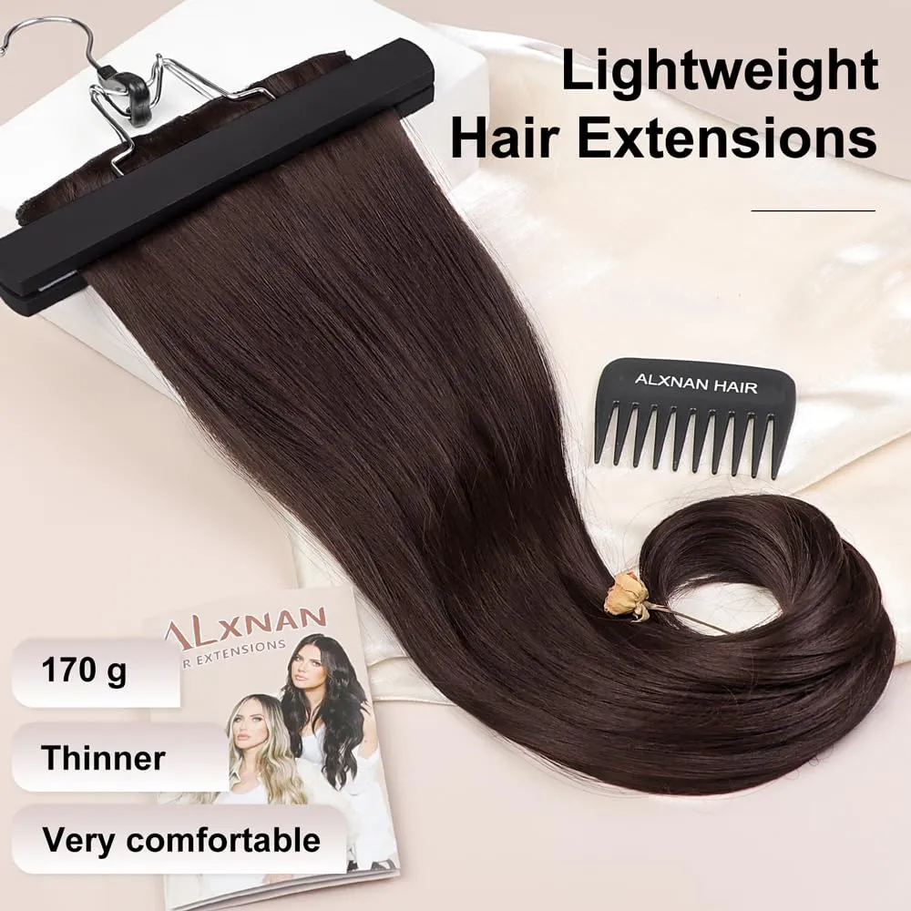 ALXNAN Hair Extensions, 4PCS Clip in Hair Extensions,20 Inches Dark Brown Long Wavy Natural Soft Synthetic Hairpieces for Women