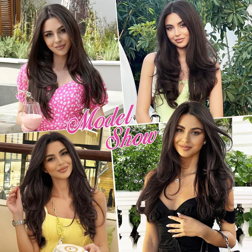 ALXNAN Hair Extensions, 4PCS Clip in Hair Extensions,20 Inches Dark Brown Long Wavy Natural Soft Synthetic Hairpieces for Women