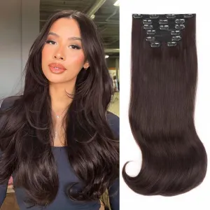 ALXNAN Hair Extensions, 4PCS Clip in Hair Extensions,20 Inches Dark Brown Long Wavy Natural Soft Synthetic Hairpieces for Women