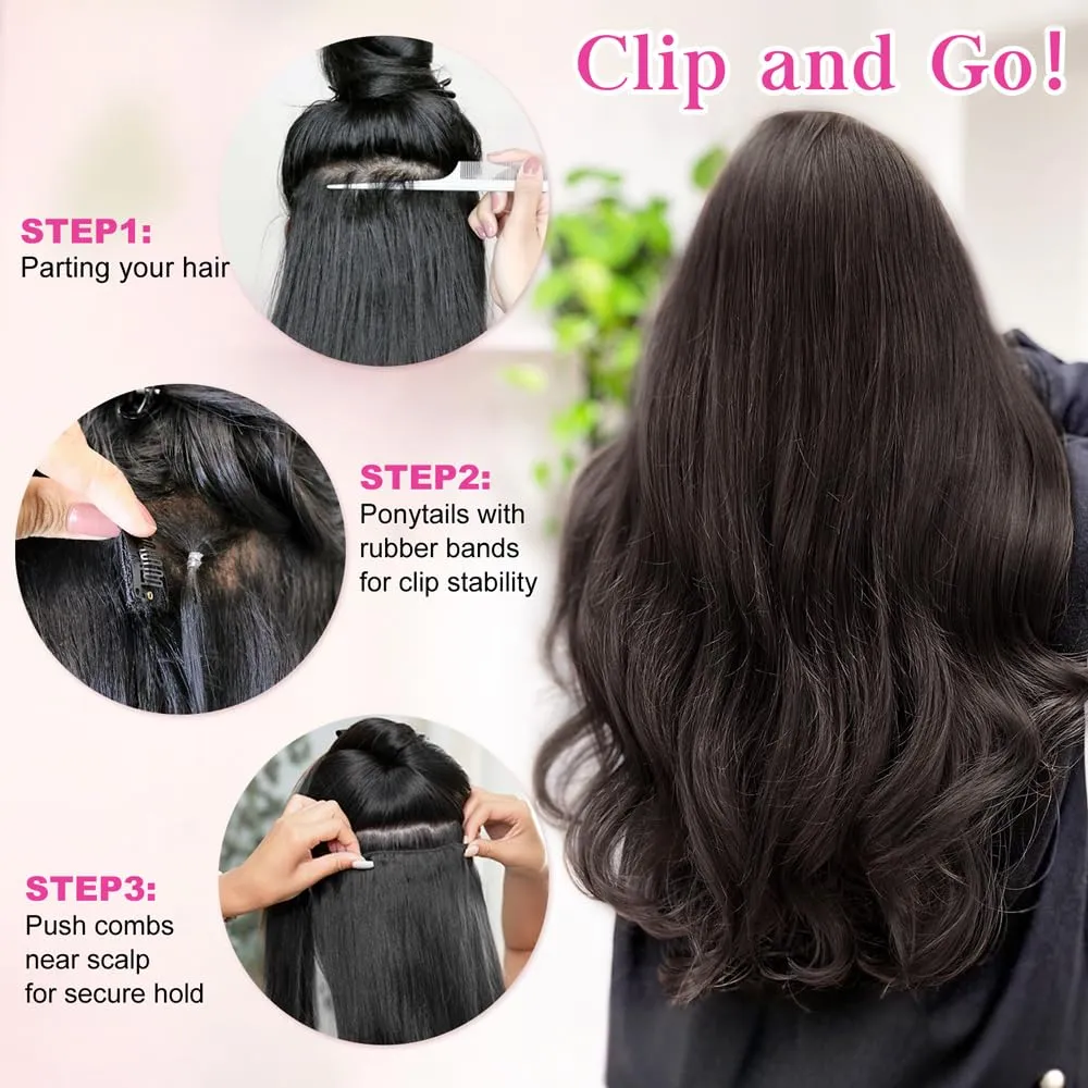 ALXNAN Hair Extensions, 4PCS Clip in Hair Extensions,20 Inches Dark Brown Long Wavy Natural Soft Synthetic Hairpieces for Women