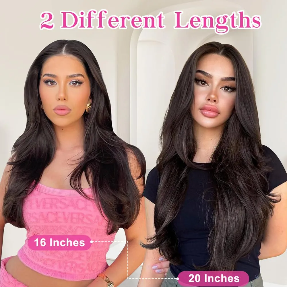 ALXNAN Hair Extensions, 4PCS Clip in Hair Extensions,20 Inches Dark Brown Long Wavy Natural Soft Synthetic Hairpieces for Women