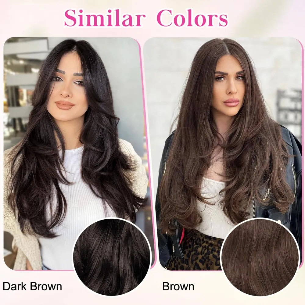 ALXNAN Hair Extensions, 4PCS Clip in Hair Extensions,20 Inches Dark Brown Long Wavy Natural Soft Synthetic Hairpieces for Women