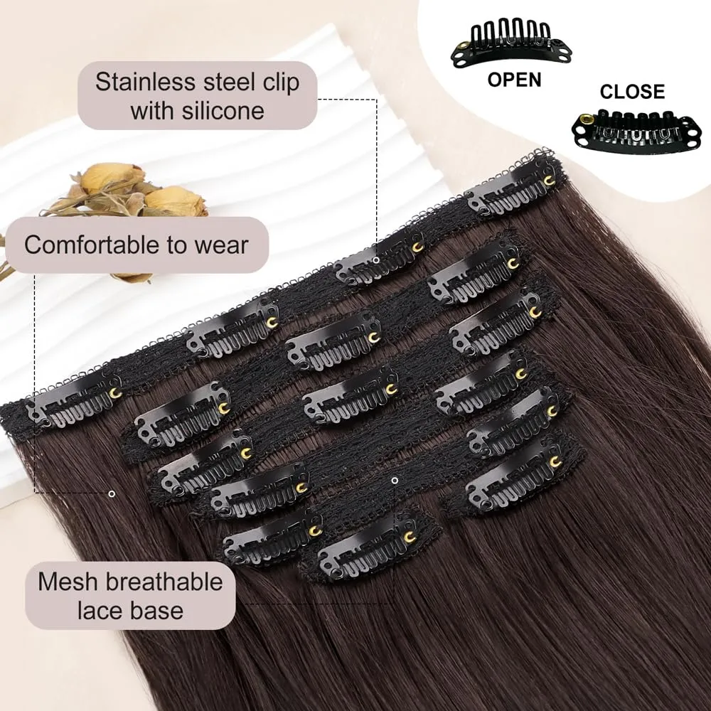 ALXNAN Hair Extensions, 4PCS Clip in Hair Extensions,20 Inches Dark Brown Long Wavy Natural Soft Synthetic Hairpieces for Women