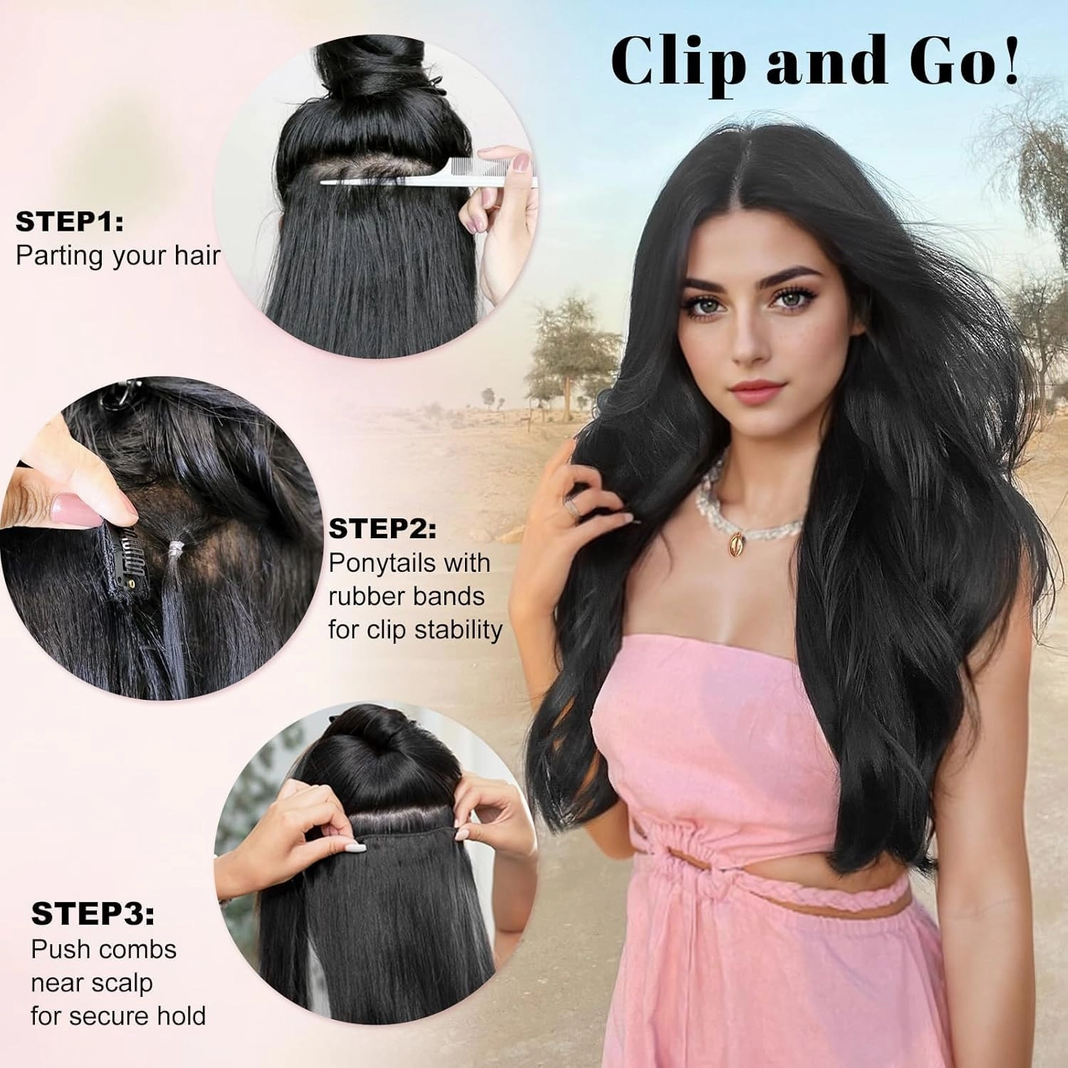 ALXNAN Clip-in Hair Extensions - Black, Thick, Long, Straight, Layered - 20 Inch Invisible Lace Weft