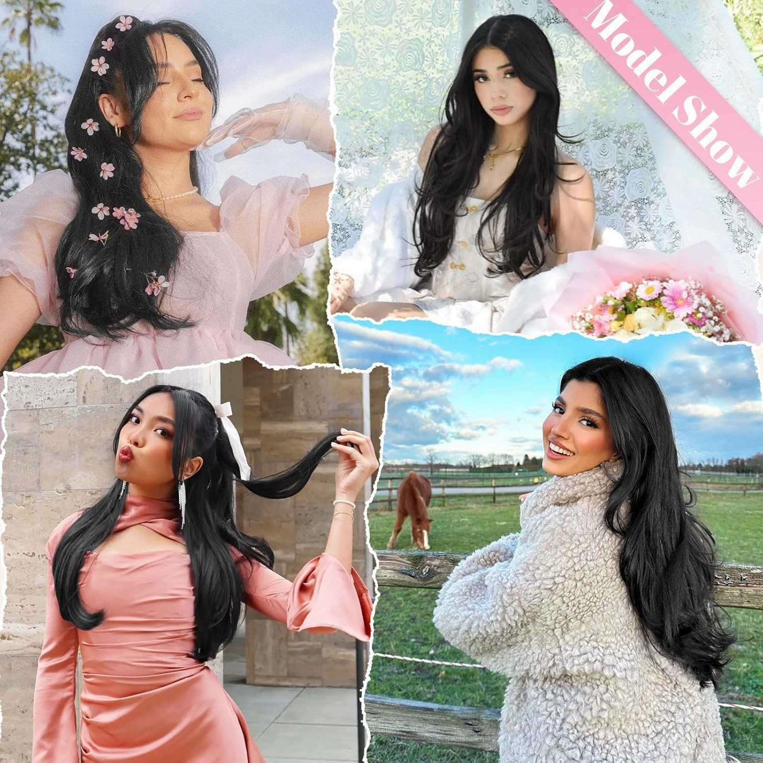 ALXNAN Clip-in Hair Extensions - Black, Thick, Long, Straight, Layered - 20 Inch Invisible Lace Weft
