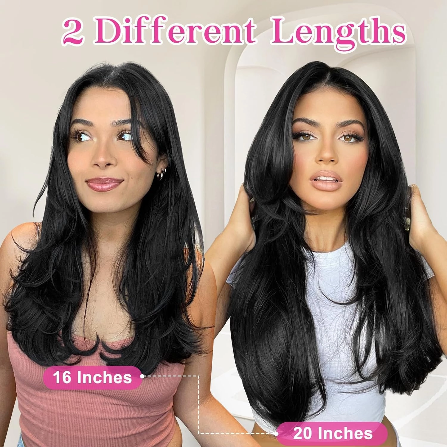 ALXNAN Clip-in Hair Extensions - Black, Thick, Long, Straight, Layered - 20 Inch Invisible Lace Weft