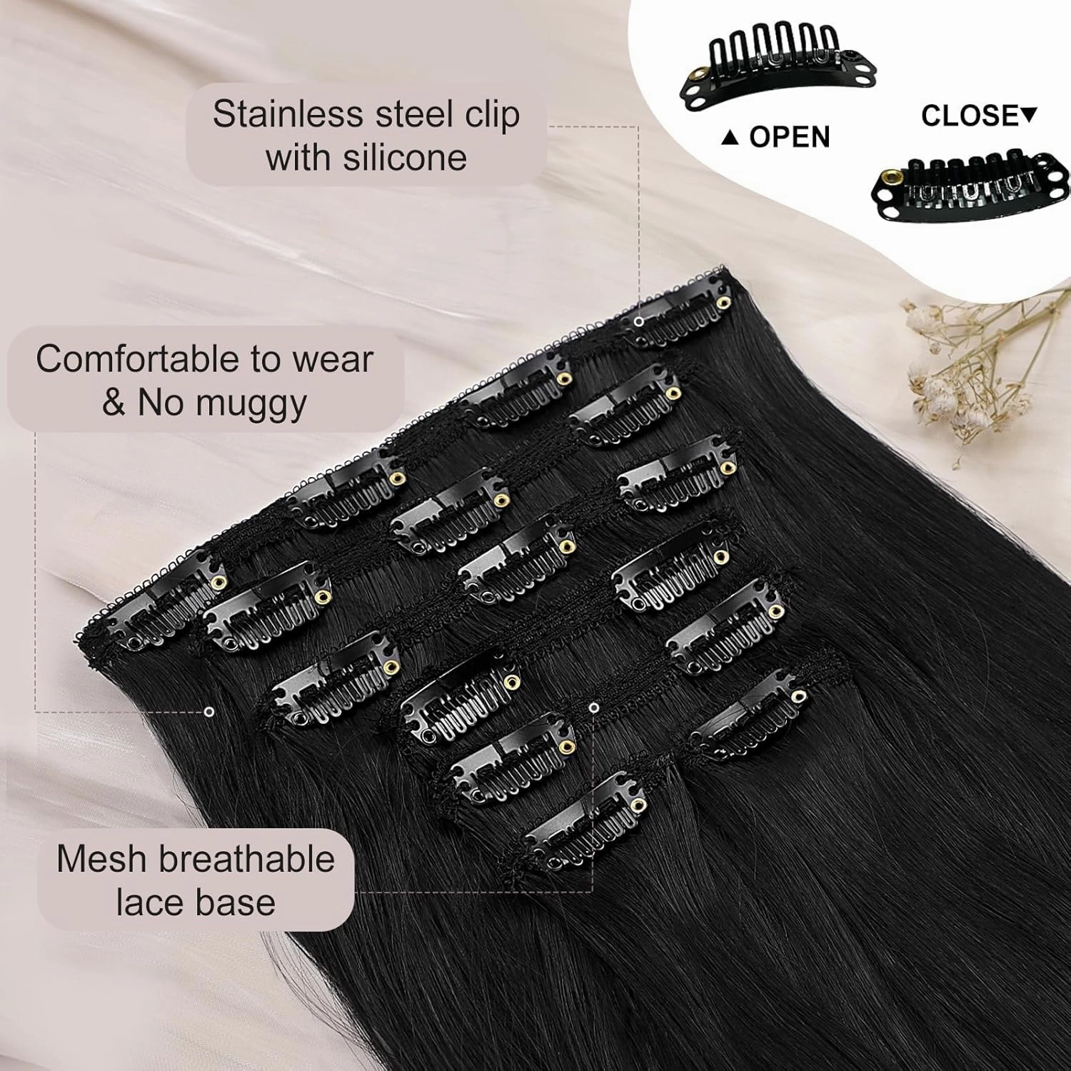 ALXNAN Clip-in Hair Extensions - Black, Thick, Long, Straight, Layered - 20 Inch Invisible Lace Weft