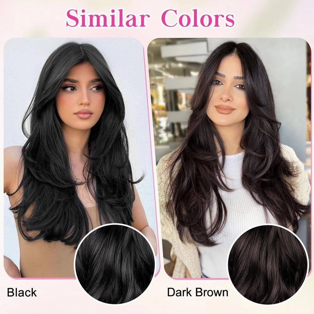 ALXNAN Clip-in Hair Extensions - Black, Thick, Long, Straight, Layered - 20 Inch Invisible Lace Weft