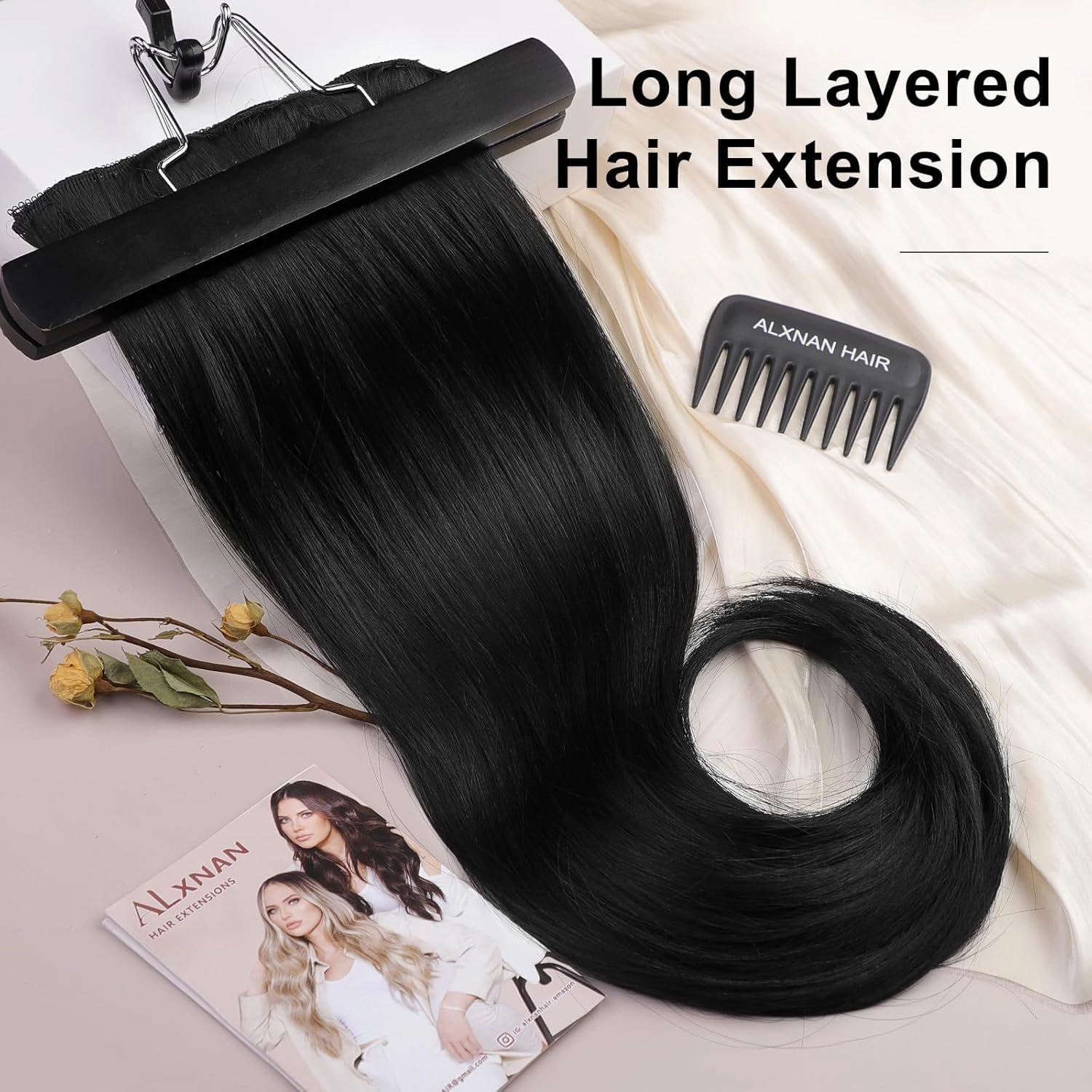 ALXNAN Clip-in Hair Extensions - Black, Thick, Long, Straight, Layered - 20 Inch Invisible Lace Weft