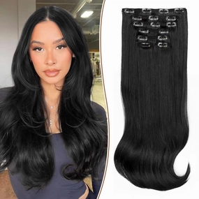ALXNAN Clip-in Hair Extensions - Black, Thick, Long, Straight, Layered - 20 Inch Invisible Lace Weft