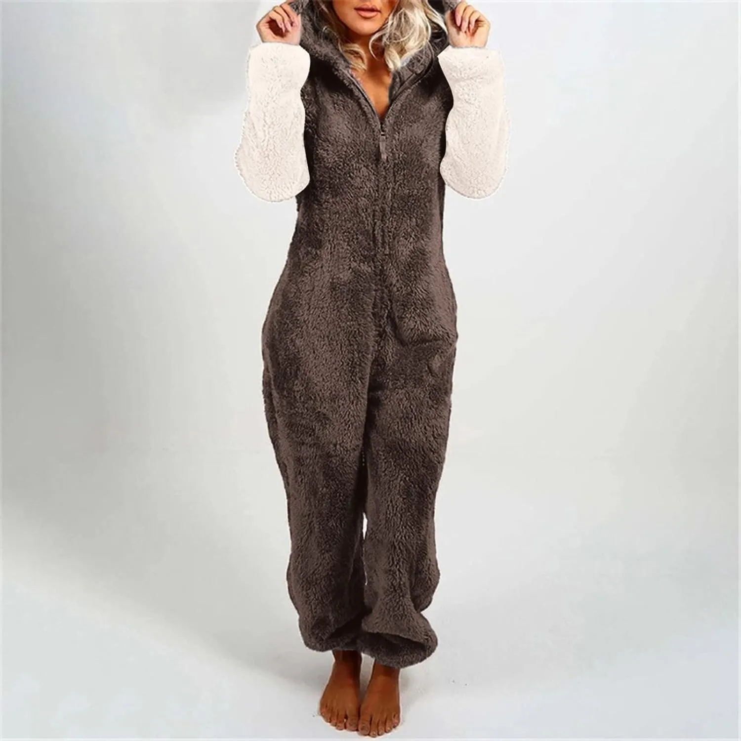 AMDBEL Robes for Women Plus Size,Winter Cozy Fleece Plush Fluffy Hooded Sleepwear Classic Solid Color Zip Bodysuit Loungewear
