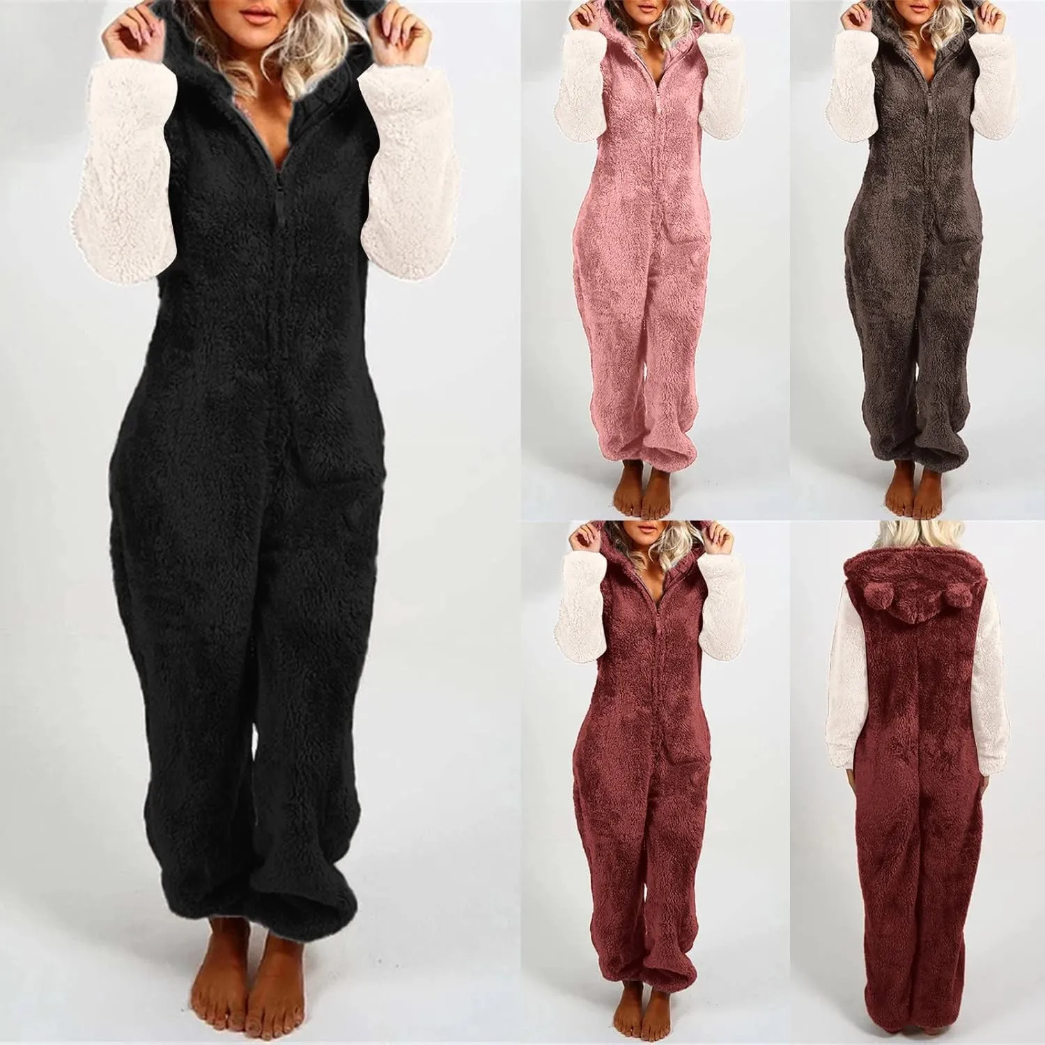 AMDBEL Robes for Women Plus Size,Winter Cozy Fleece Plush Fluffy Hooded Sleepwear Classic Solid Color Zip Bodysuit Loungewear
