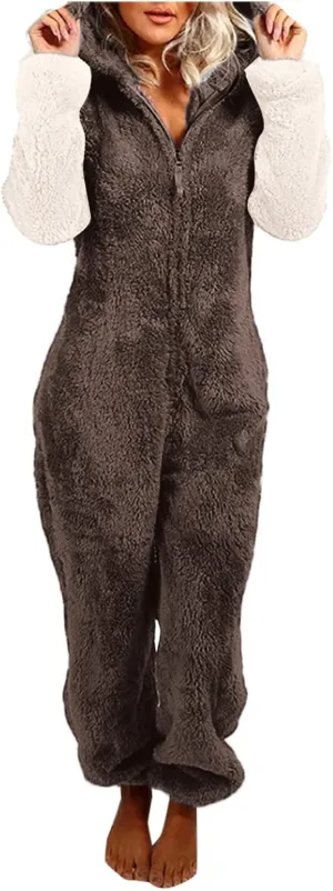 AMDBEL Robes for Women Plus Size,Winter Cozy Fleece Plush Fluffy Hooded Sleepwear Classic Solid Color Zip Bodysuit Loungewear