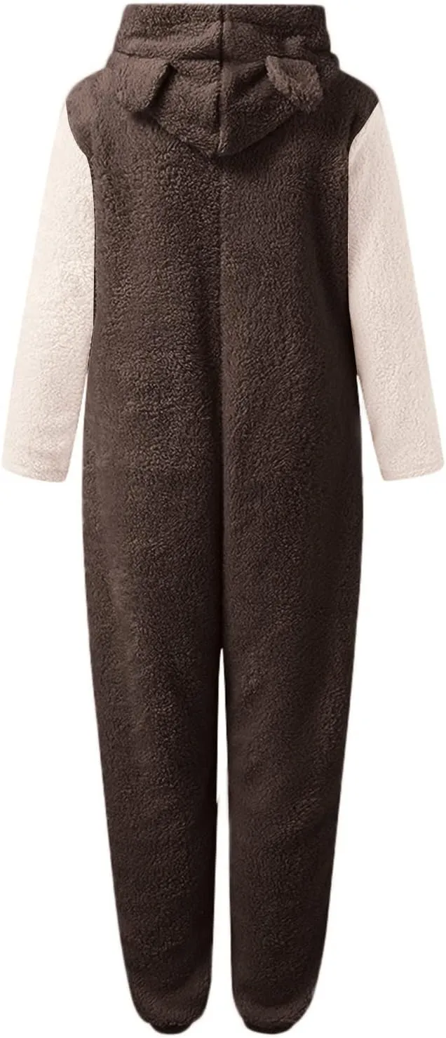 AMDBEL Robes for Women Plus Size,Winter Cozy Fleece Plush Fluffy Hooded Sleepwear Classic Solid Color Zip Bodysuit Loungewear