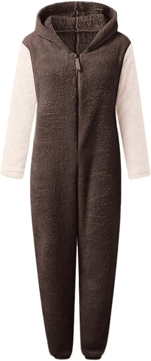 AMDBEL Robes for Women Plus Size,Winter Cozy Fleece Plush Fluffy Hooded Sleepwear Classic Solid Color Zip Bodysuit Loungewear