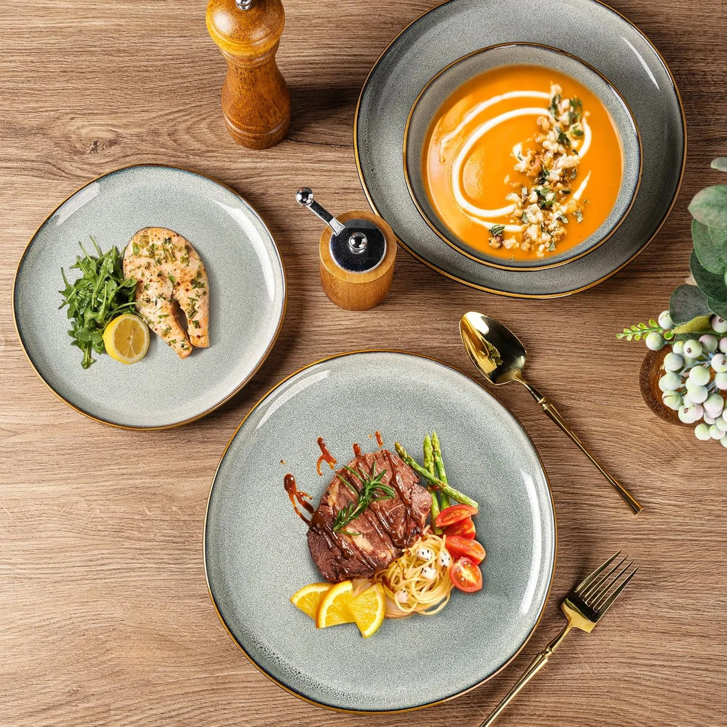 AmorArc Ceramic Dinnerware Sets,Handmade Reactive Glaze Stoneware Plates and Bowls Sets,Highly Chip and Crack Resistant | Dishwasher & Microwave Safe Dishes Set,Service for 6 (18pc)