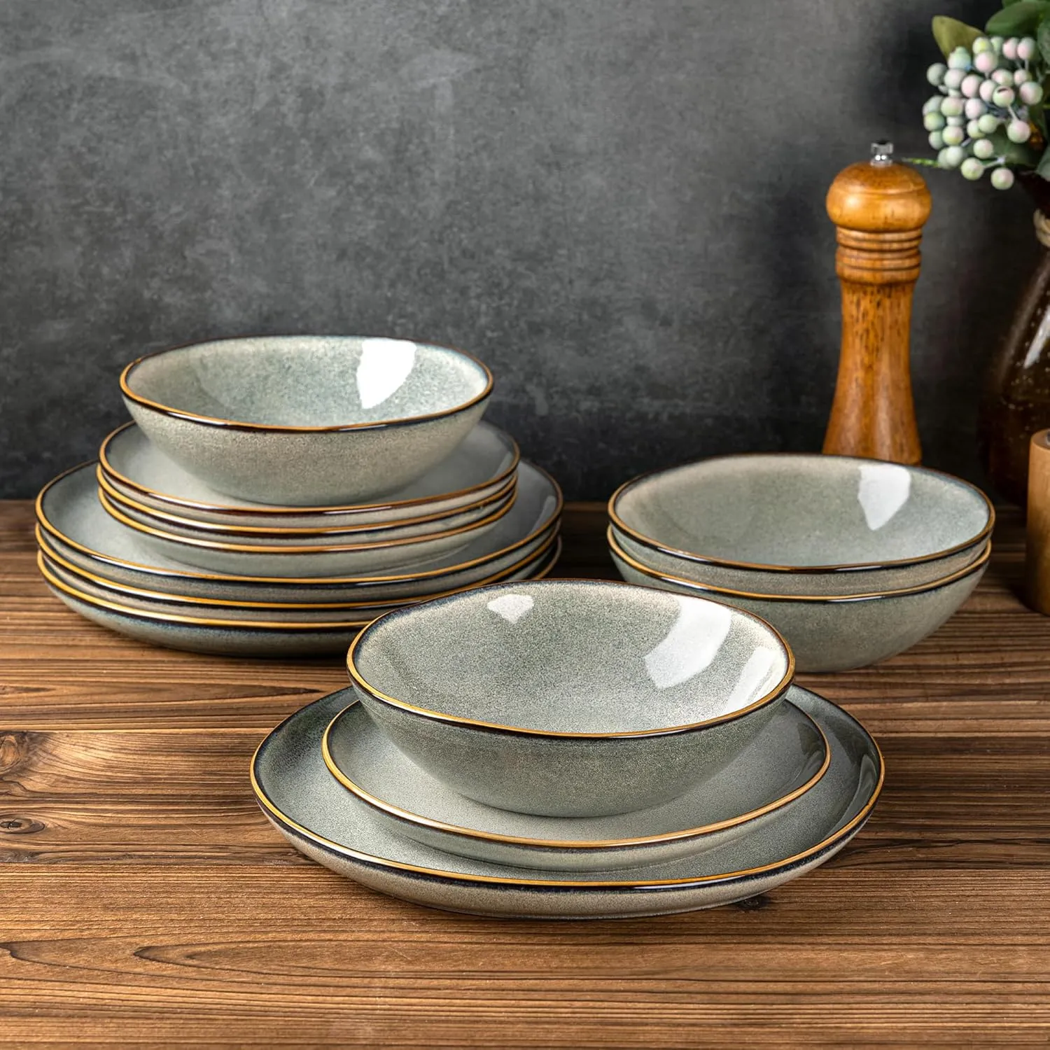 AmorArc Ceramic Dinnerware Sets,Handmade Reactive Glaze Stoneware Plates and Bowls Sets,Highly Chip and Crack Resistant | Dishwasher & Microwave Safe Dishes Set,Service for 6 (18pc)