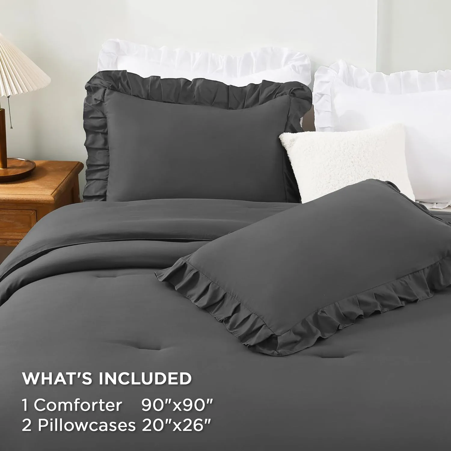 Andency Dark Grey Queen Comforter Set, 3pcs Aesthetic Ruffle Fluffy Comforter Sets, All Season Lightweight Soft Solid Bedding Set for Women Men