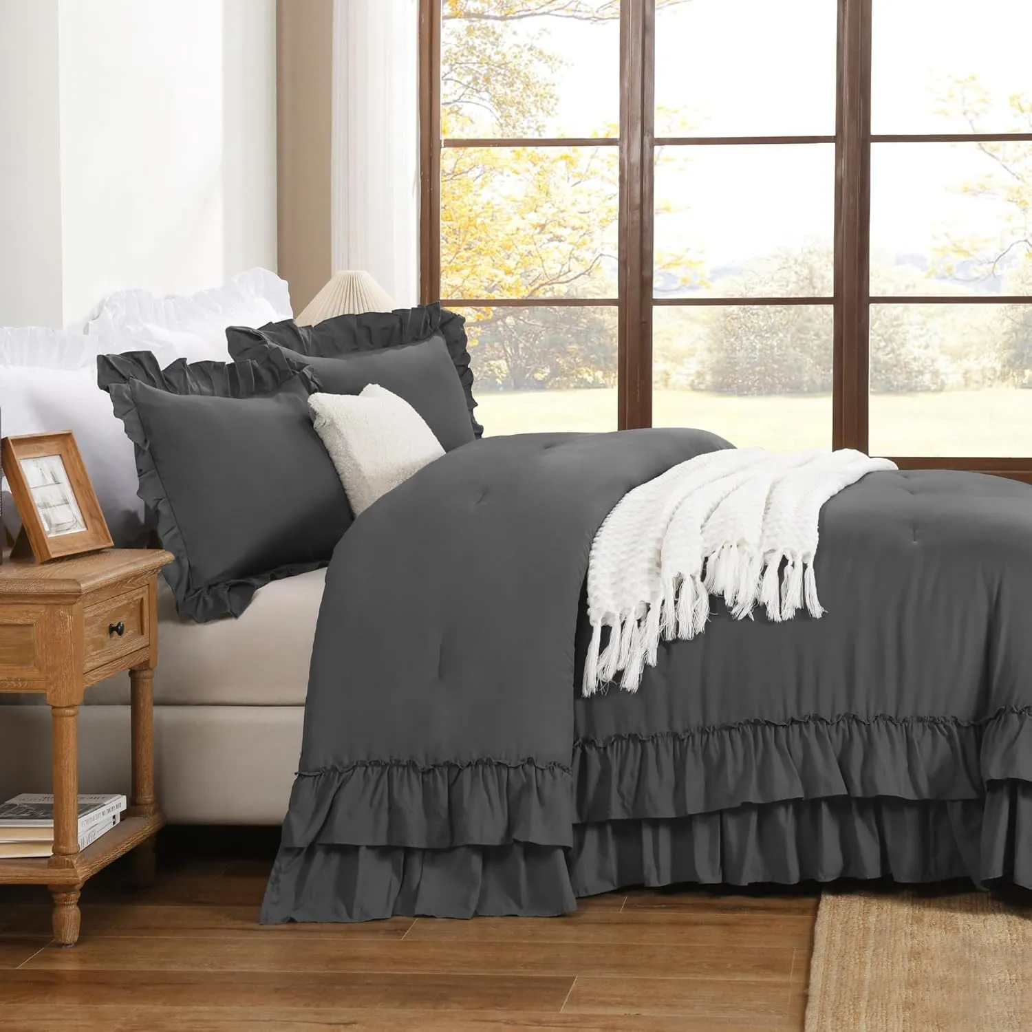 Andency Dark Grey Queen Comforter Set, 3pcs Aesthetic Ruffle Fluffy Comforter Sets, All Season Lightweight Soft Solid Bedding Set for Women Men