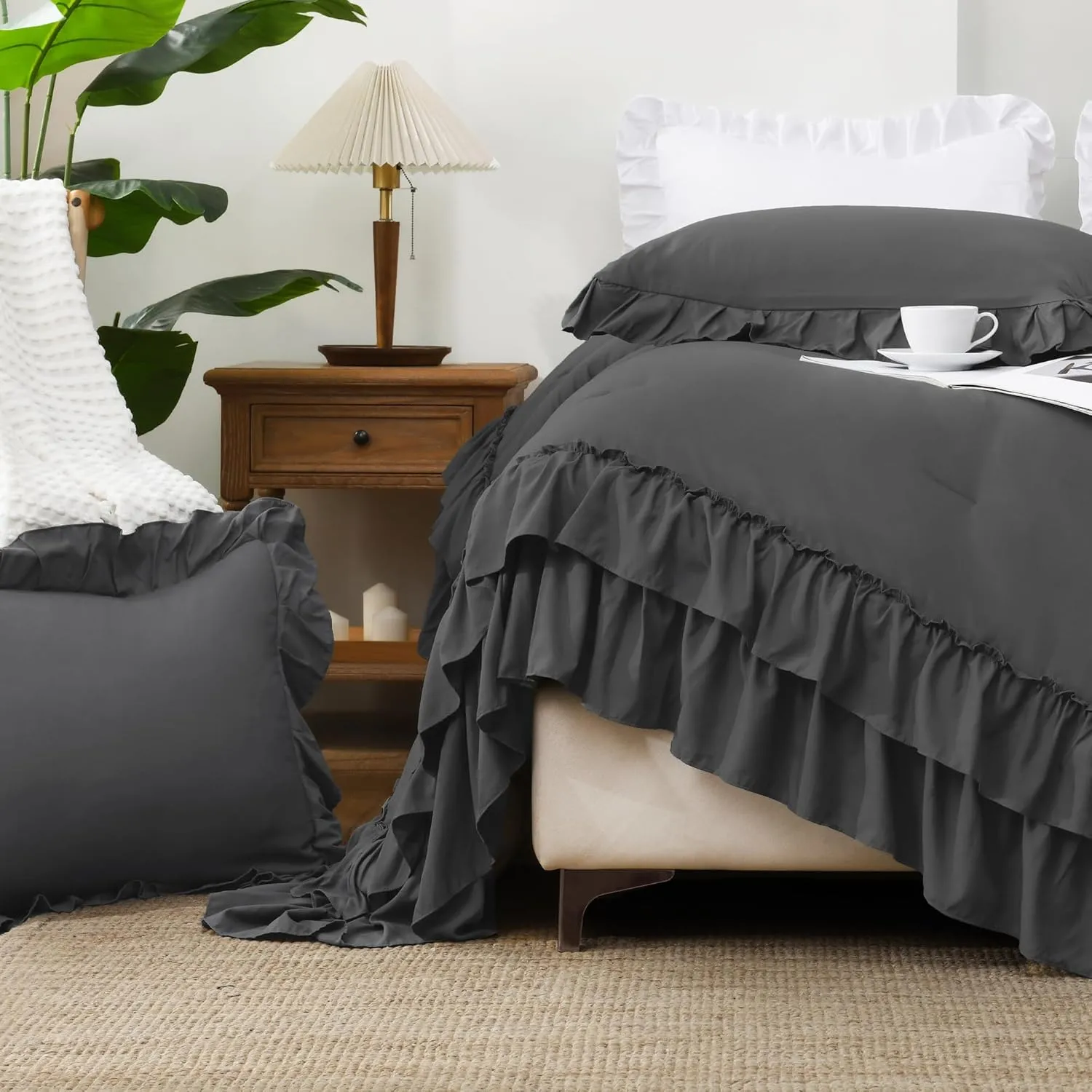 Andency Dark Grey Queen Comforter Set, 3pcs Aesthetic Ruffle Fluffy Comforter Sets, All Season Lightweight Soft Solid Bedding Set for Women Men