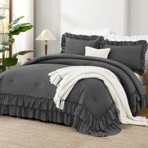 Andency Dark Grey Queen Comforter Set, 3pcs Aesthetic Ruffle Fluffy Comforter Sets, All Season Lightweight Soft Solid Bedding Set for Women Men