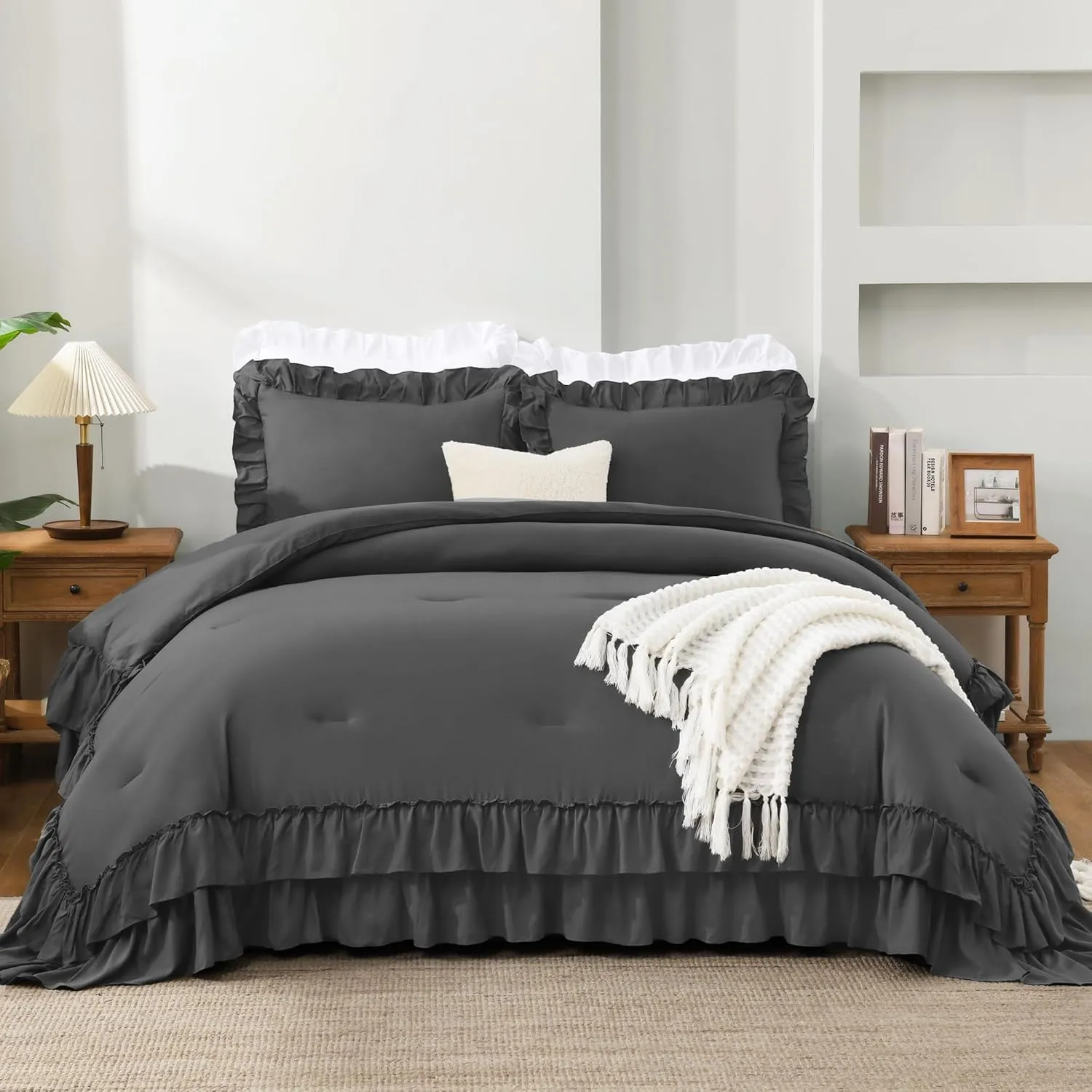 Andency Dark Grey Queen Comforter Set, 3pcs Aesthetic Ruffle Fluffy Comforter Sets, All Season Lightweight Soft Solid Bedding Set for Women Men