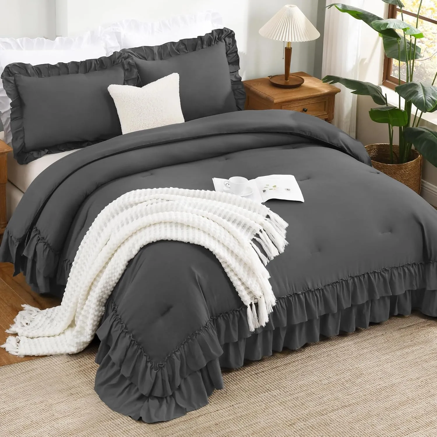 Andency Dark Grey Queen Comforter Set, 3pcs Aesthetic Ruffle Fluffy Comforter Sets, All Season Lightweight Soft Solid Bedding Set for Women Men