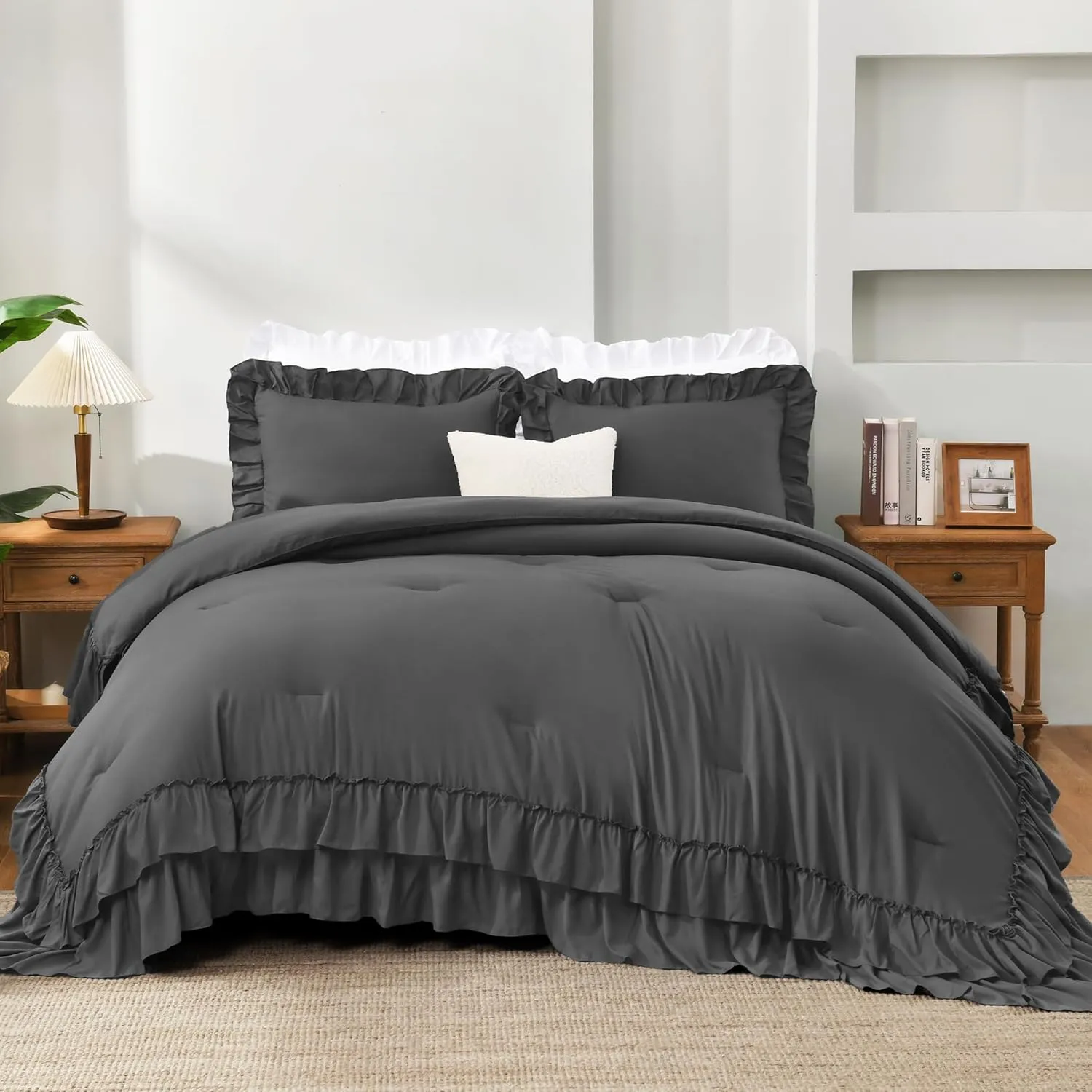 Andency Dark Grey Queen Comforter Set, 3pcs Aesthetic Ruffle Fluffy Comforter Sets, All Season Lightweight Soft Solid Bedding Set for Women Men