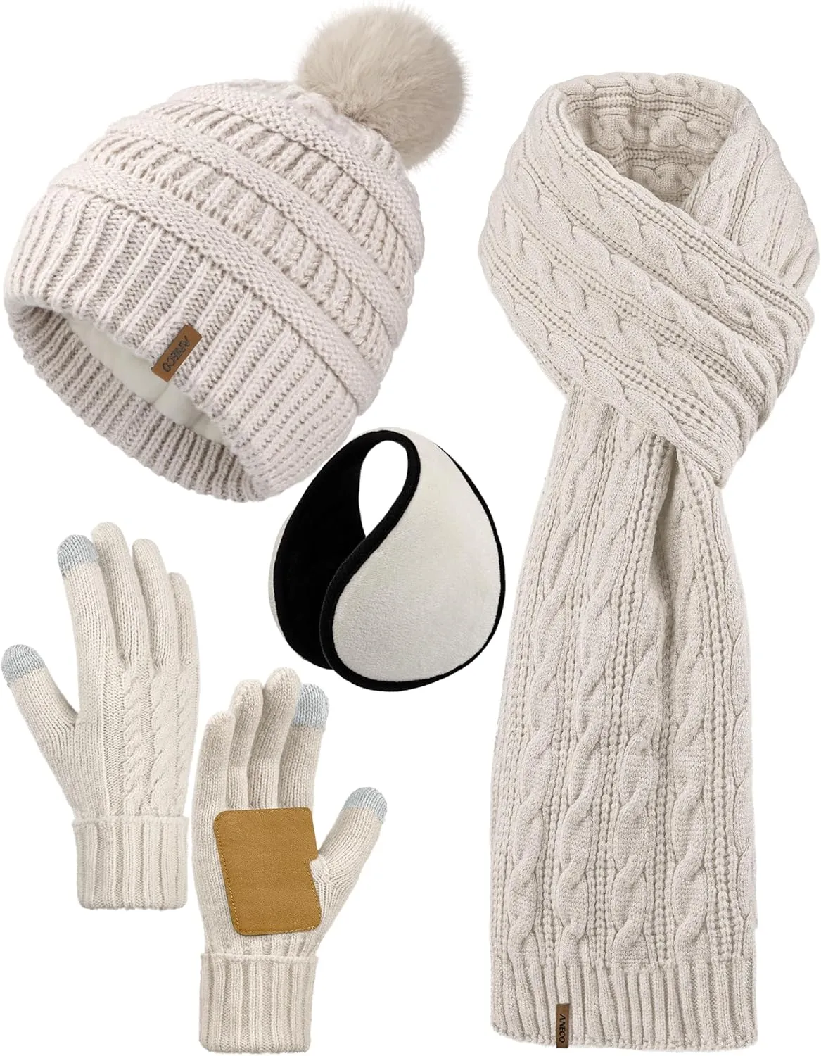 Aneco 4-in-1 Women Winter Beanie Hat Scarf Touchscreen Gloves Ear Warmer Set Fleece Lined Warm Knit Skull Cap with Pom Pom
