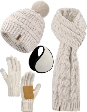 Aneco 4-in-1 Women Winter Beanie Hat Scarf Touchscreen Gloves Ear Warmer Set Fleece Lined Warm Knit Skull Cap with Pom Pom
