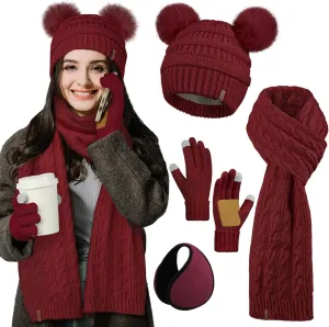 Aneco Women Winter Beanie Hat Scarf Gloves Set Warm Fleece Cap with PomPom Knit Anti-Slip Touchscreen Gloves for Cold Weather