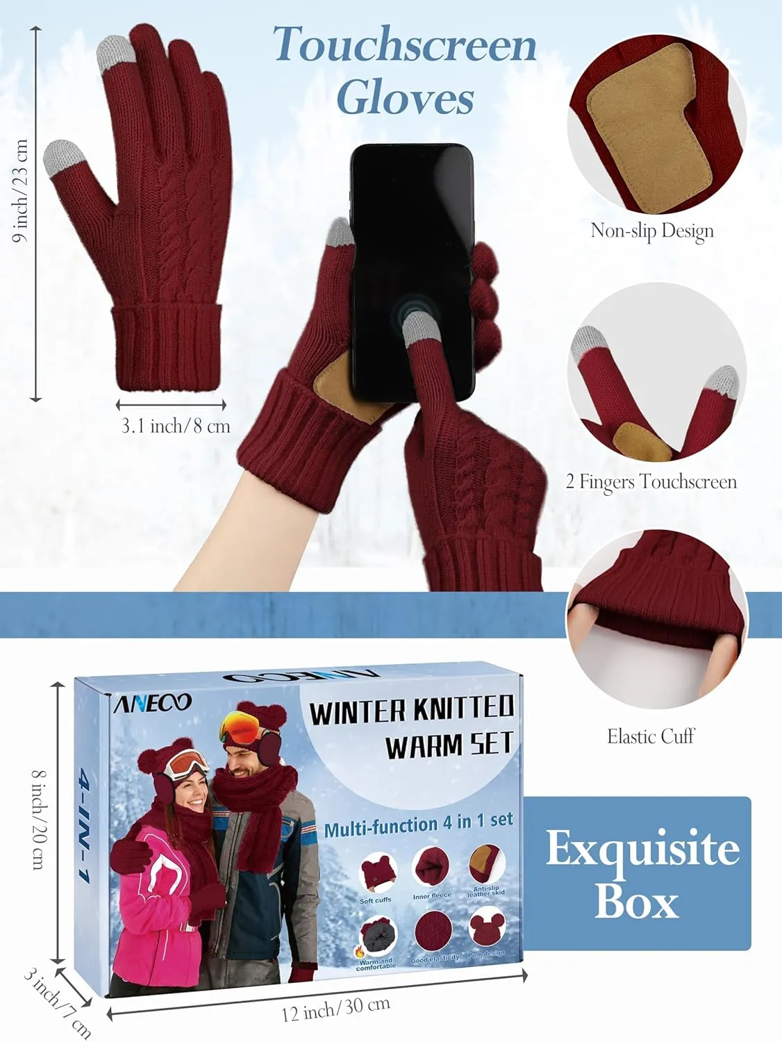 Aneco Women Winter Beanie Hat Scarf Gloves Set Warm Fleece Cap with PomPom Knit Anti-Slip Touchscreen Gloves for Cold Weather