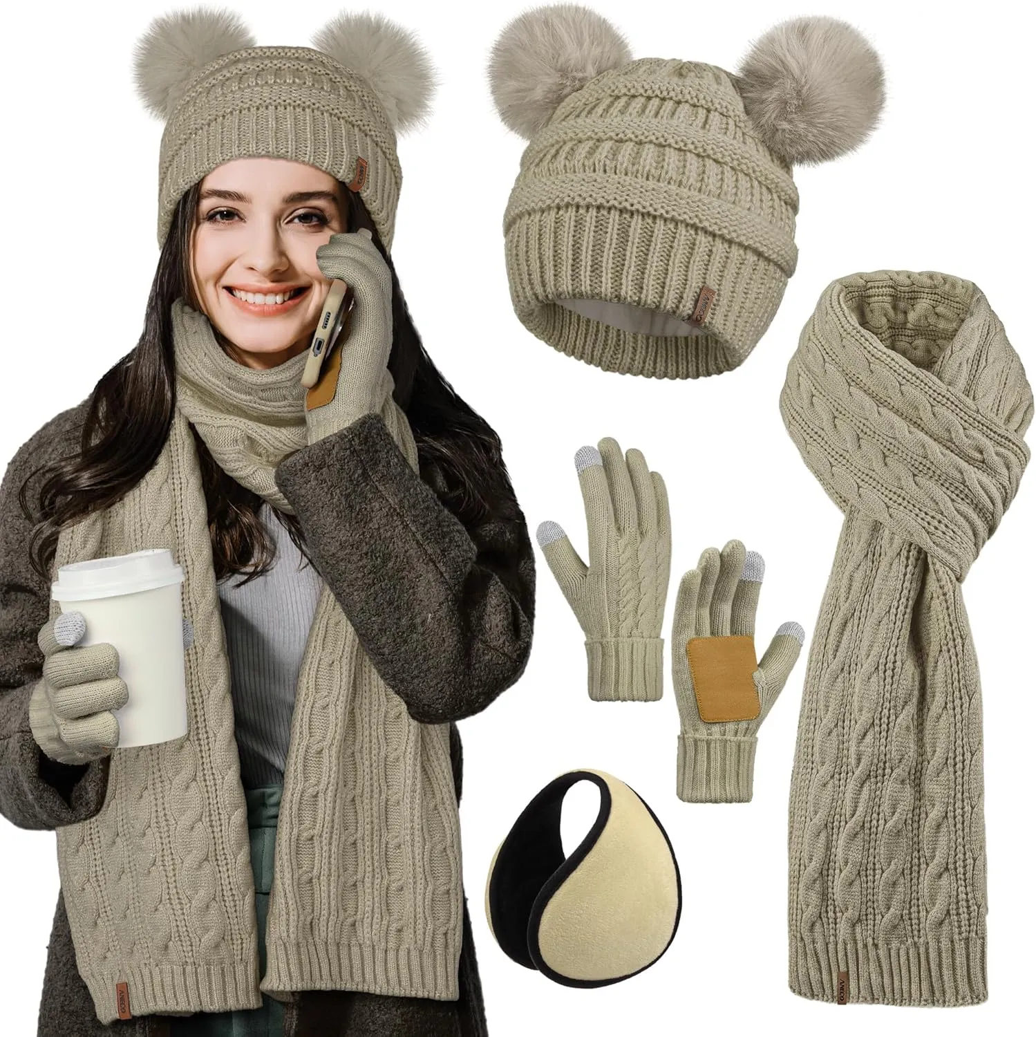 Aneco Women Winter Beanie Hat Scarf Gloves Set Warm Fleece Cap with PomPom Knit Anti-Slip Touchscreen Gloves for Cold Weather