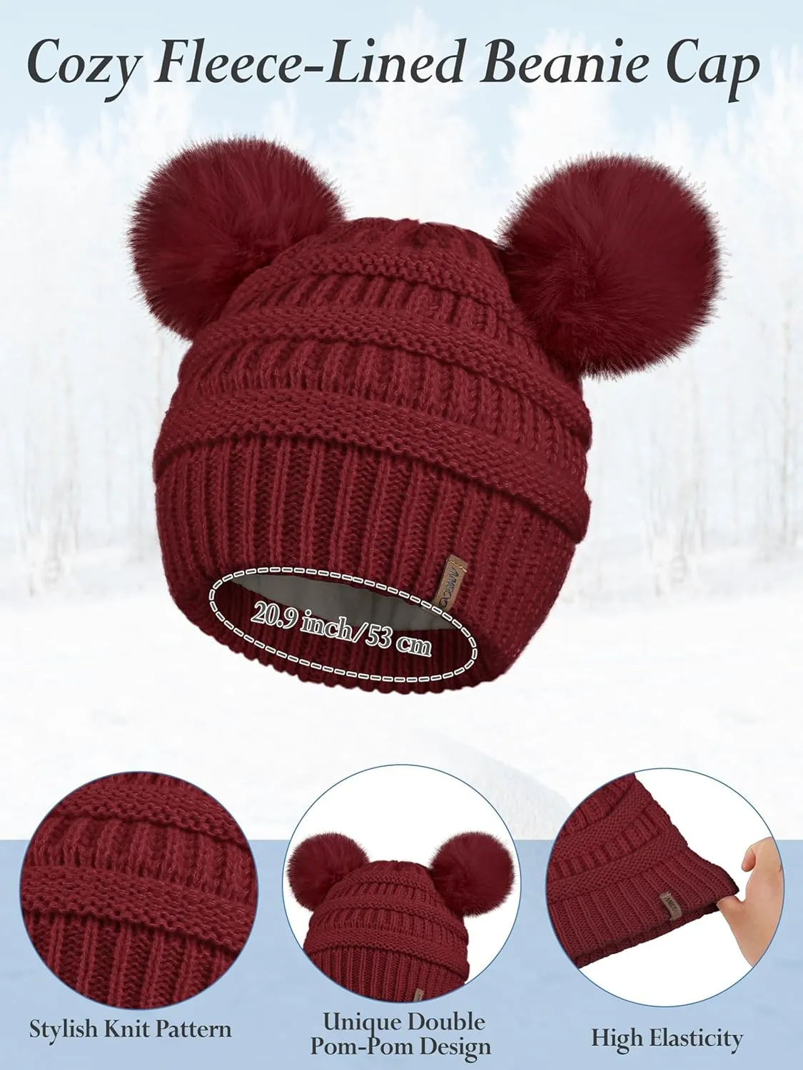 Aneco Women Winter Beanie Hat Scarf Gloves Set Warm Fleece Cap with PomPom Knit Anti-Slip Touchscreen Gloves for Cold Weather