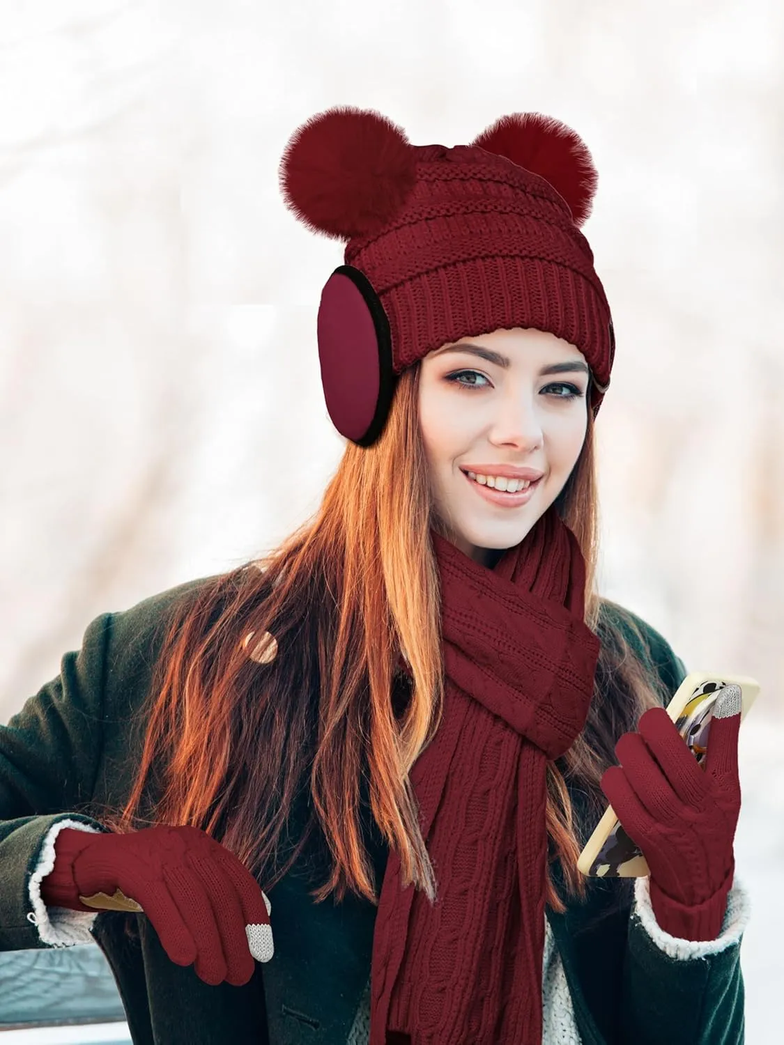 Aneco Women Winter Beanie Hat Scarf Gloves Set Warm Fleece Cap with PomPom Knit Anti-Slip Touchscreen Gloves for Cold Weather