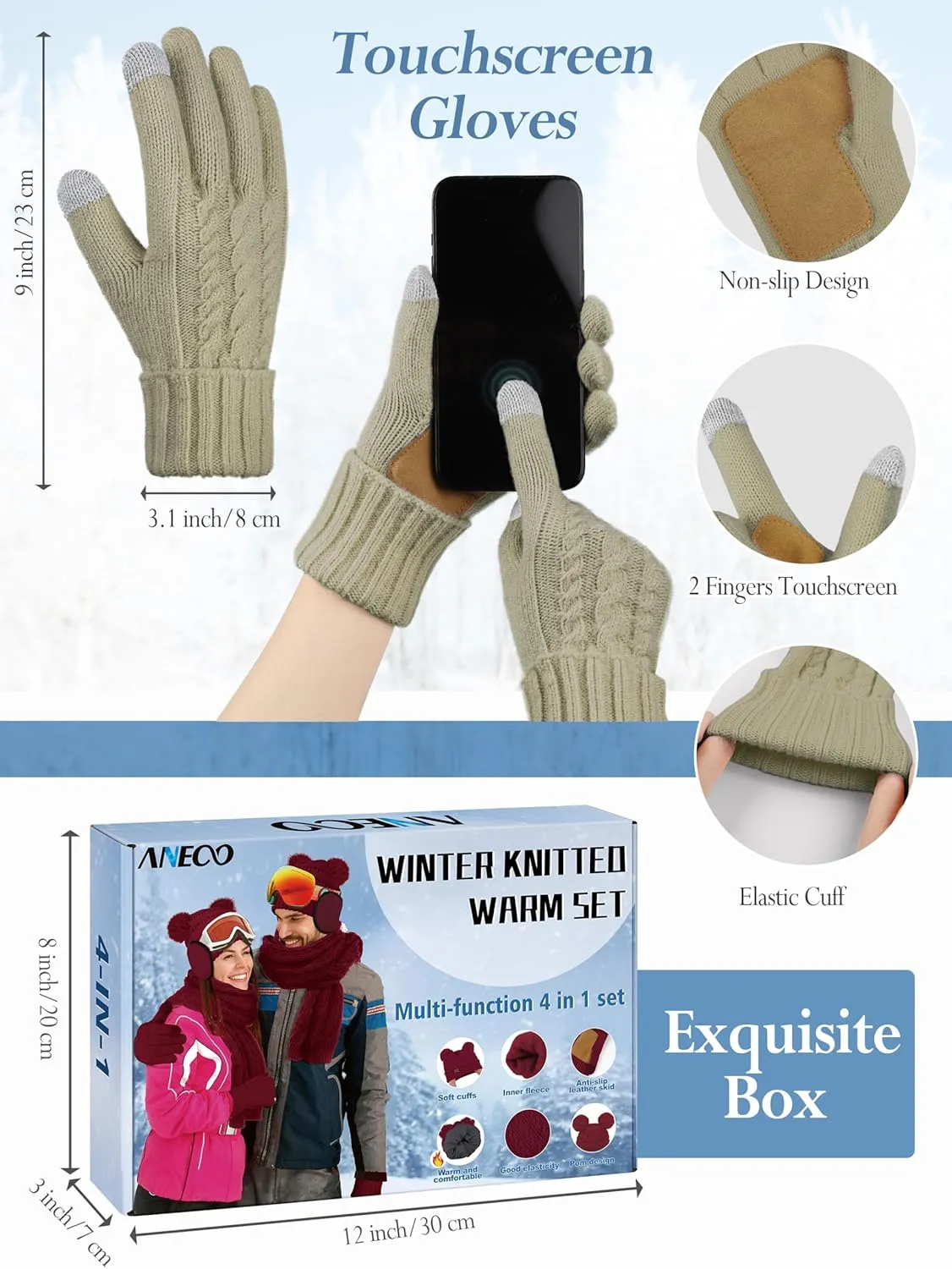 Aneco Women Winter Beanie Hat Scarf Gloves Set Warm Fleece Cap with PomPom Knit Anti-Slip Touchscreen Gloves for Cold Weather
