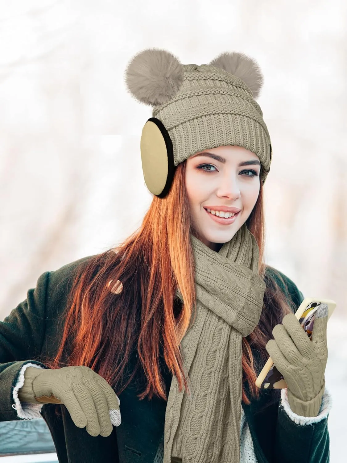 Aneco Women Winter Beanie Hat Scarf Gloves Set Warm Fleece Cap with PomPom Knit Anti-Slip Touchscreen Gloves for Cold Weather